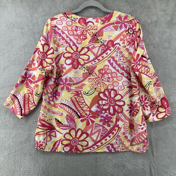 Choices Top Women M Floral Orange Yellow Linen Pullover 3/4 Sleeves Notch Neck - Picture 6 of 14